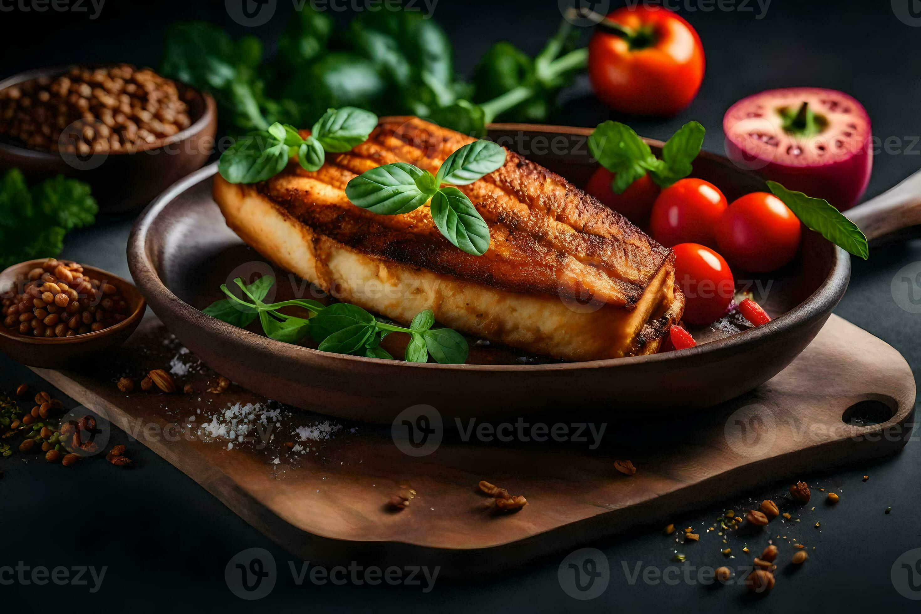 grillé poisson dans une la poêle avec épices et des légumes. généré par ai  33758405 Photo de stock chez Vecteezy