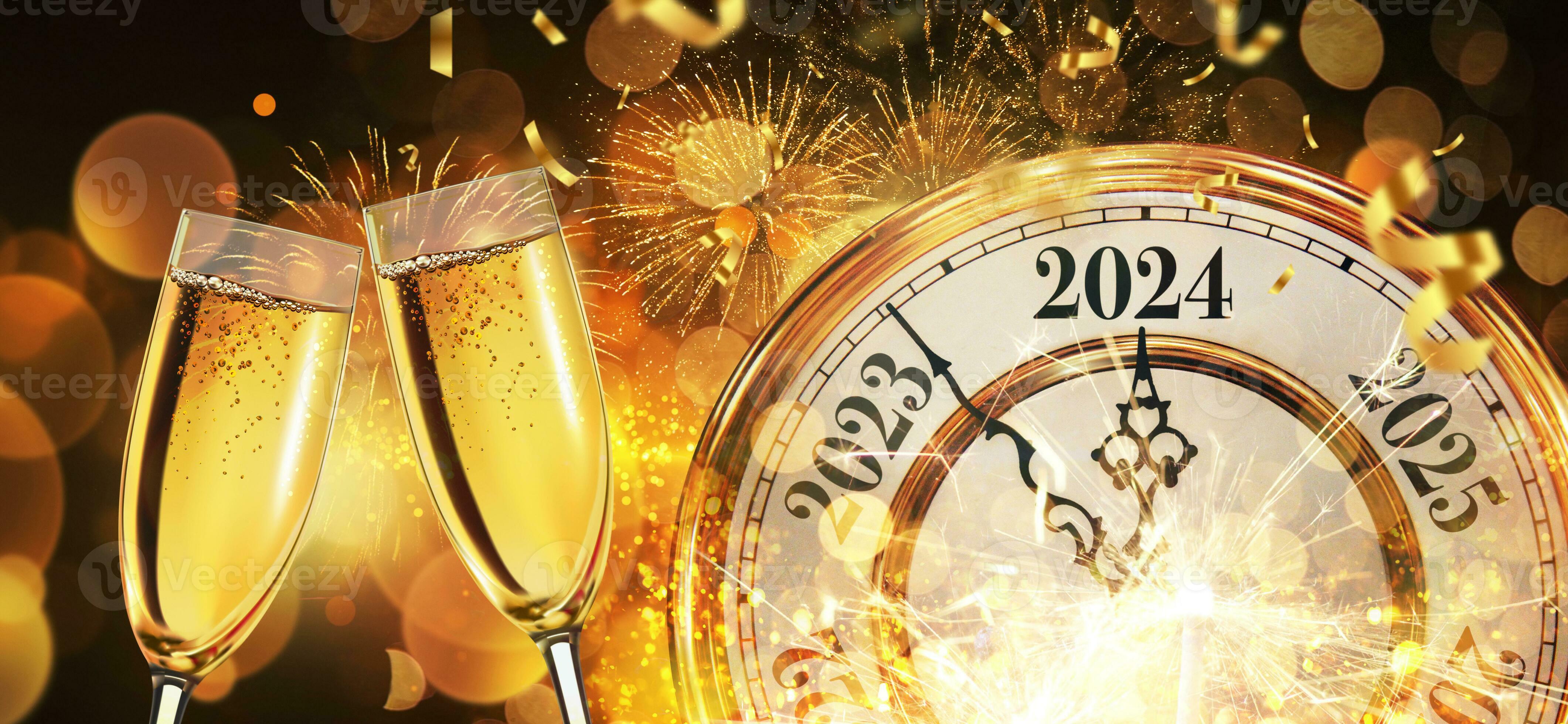 Nouveau année 2024 avec or ancien horloge, Champagne, confettis et