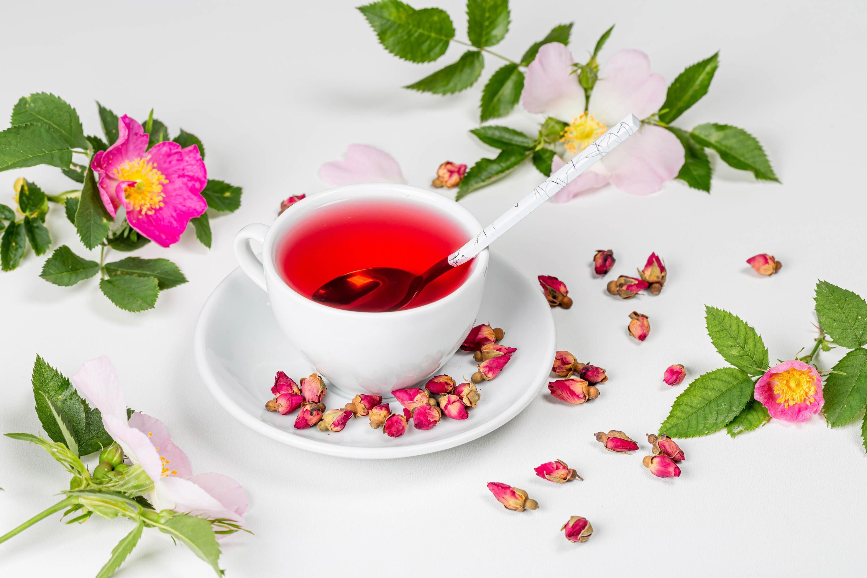 tasse de thé blanche avec des fleurs de rose de thé séchées et fraîches sur fond blanc photo