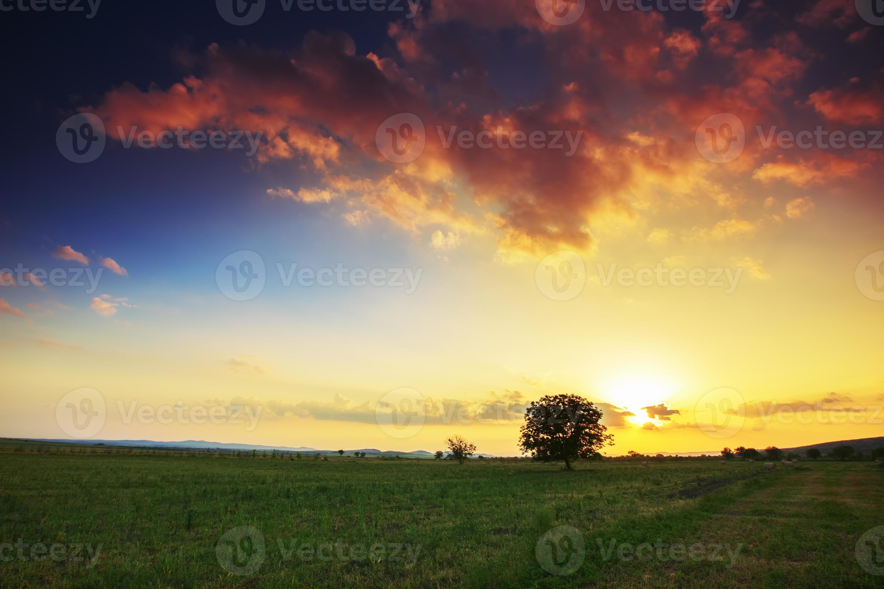 paysage de printemps au coucher du soleil photo
