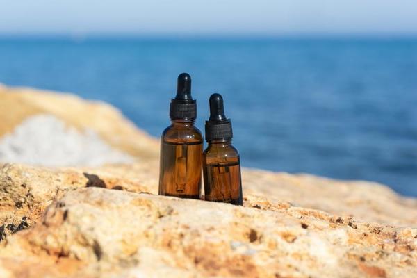 huiles essentielles naturelles ou sérum dans des flacons compte-gouttes  bruns posés sur les pierres au bord de la mer 11740795 Photo de stock chez  Vecteezy