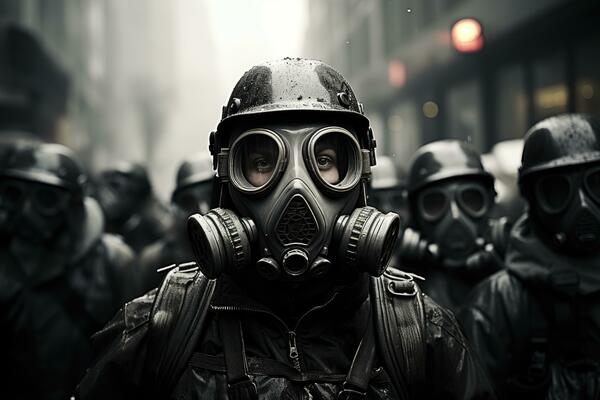 homme dans une gaz protecteur masque sur le sien visage survit