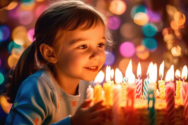 Adorable petit garçon blond heureux qui fête son anniversaire. Enfant  soufflant des bougies sur un gâteau fait maison, à l'intérieur. Fête d' anniversaire pour les écoliers, fête de famille de 6 ans. photo –