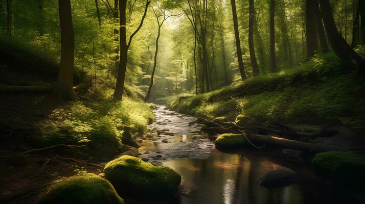 vert forêt dans lumière du soleil avec forêt courant 27703847 Photo