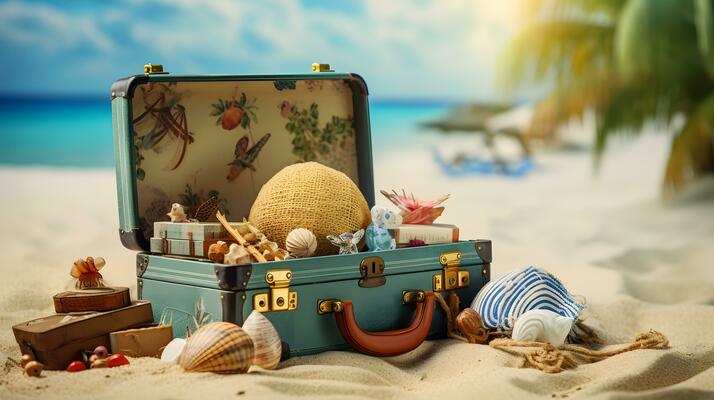 valise avec des lunettes de soleil et plage accessoires sur une tropical le  sable plage 28300611 Photo de stock chez Vecteezy