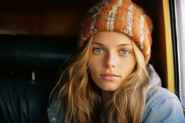 Une Jeune Femme Aux Cheveux Bouclés Portant Un Bonnet Tricoté