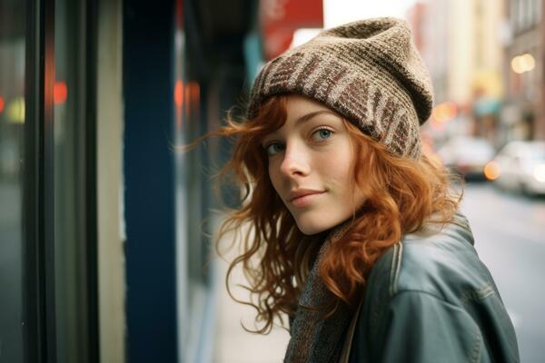 une femme avec longue rouge cheveux et une bonnet est permanent dans une  café magasin génératif ai 28382590 Photo de stock chez Vecteezy