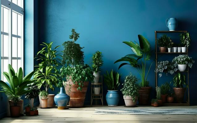 vivant pièce intérieur avec mis en pot végétaux, bleu mur et bleu fauteuil.  intérieur mis en pot les plantes décoration. ai génératif 28737562 Photo de  stock chez Vecteezy