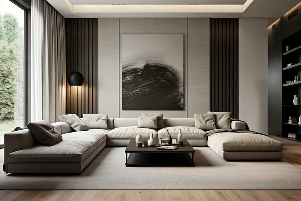 intérieur de moderne vivant pièce avec beige des murs, en bois sol, beige  canapé et café tableau. ai généré 23824652 Photo de stock chez Vecteezy