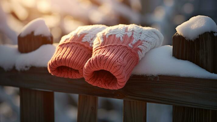 ai génératif Mitaines, neige gants dans le neige dans de bonne heure Matin  lumière du soleil 33087056 Photo de stock chez Vecteezy