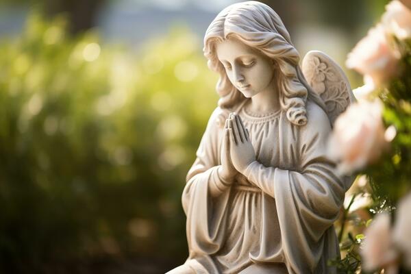 ange statue avec blanc des roses dans le cimetière.religieux Contexte ai  généré 33258455 Photo de stock chez Vecteezy