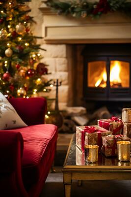 Noël, vacances décor et pays chalet style, confortable atmosphère, décoré  Noël arbre dans le Anglais campagne maison vivant pièce avec cheminée, intérieur  décoration 29230181 Photo de stock chez Vecteezy