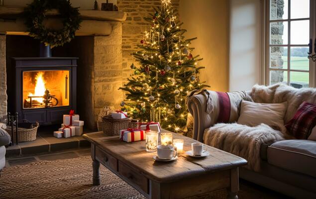 Noël, vacances décor et pays chalet style, confortable atmosphère, décoré  Noël arbre dans le Anglais campagne maison vivant pièce avec cheminée, intérieur  décoration 29230181 Photo de stock chez Vecteezy