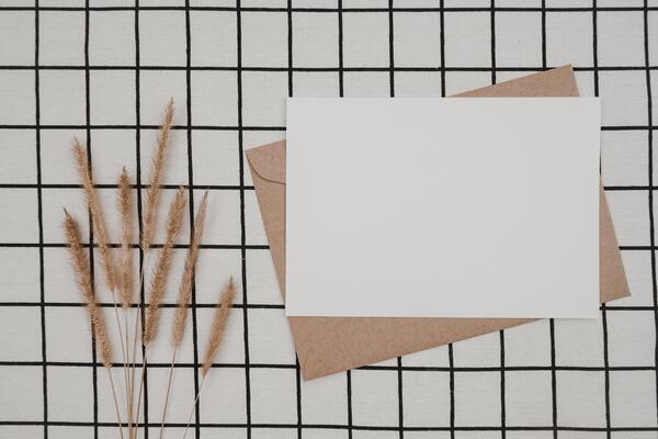 carte blanche vierge dans une enveloppe kraft marron et modèle de feuilles  de papier maquette 6420108 Photo de stock chez Vecteezy