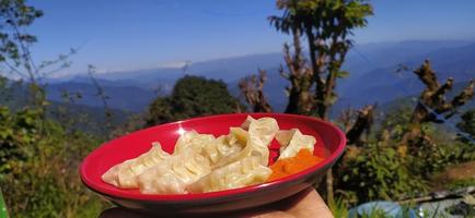 une assiette complète de momo de légumes est servie dans un village de montagne décalé photo