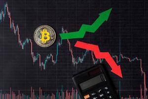 fluctuations et prévisions des taux de change de l'argent virtuel bitcoin. flèches rouges et vertes avec échelle de bitcoin dorée sur fond de graphique forex en papier noir avec calculatrice. concept de crypto-monnaie.