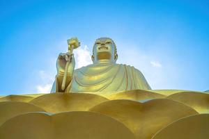 la main de la statue de bouddha doré tenant le lotus au monastère de chon khong. photo