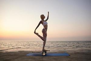 photo en plein air d'une jeune femme sportive debout sur un bureau en bois avec vue sur la mer, portant des vêtements sportifs, faisant de l'exercice avec équilibreur sur le front de mer, gardant la jambe avec la main et levant le bras vers le haut