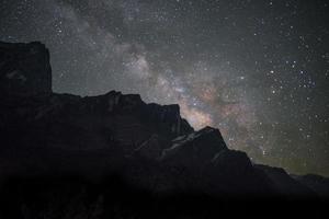 la voie lactée dans la nuit étoilée au-dessus de la chaîne de montagnes de l'himalaya dans la région de l'annapurna au népal. la voie lactée est une galaxie spirale barrée d'environ une centaine d'années-lumière de diamètre. photo