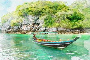 bateau à longue queue et île en mer de thaïlande, style de peinture numérique à l'aquarelle