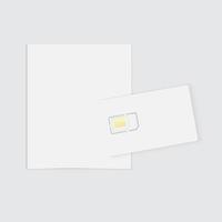 cartes sim vierges réalistes et papier de couverture dans un style minimaliste sur fond blanc. carte SIM. modèle de maquette de couleur facile à changer photo