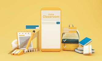 retour à l'école rejoignez l'apprentissage en ligne avec des fournitures et du matériel scolaires. écran d'ordinateur portable avec téléphone et accessoires scolaires et manuels sur fond jaune et bleu. dessin animé - rendu 3d photo