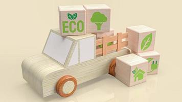 le camion en bois et le symbole écologique sur le cube pour la technologie ou le concept écologique rendu 3d photo