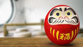 Poupée japonaise daruma sur table en bois rendu 3d photo