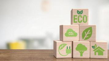 l'icône de l'écologie sur le cube en bois pour le rendu 3d du concept écologique ou naturel