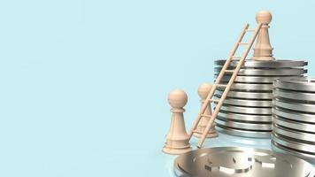 les échecs en bois et les pièces d'argent pour le rendu 3d du concept d'entreprise photo