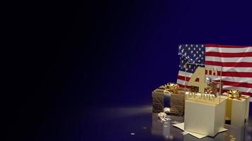 texte d'or 4 juillet sur le drapeau américain et boîte-cadeau pour le contenu de vacances rendu 3d photo