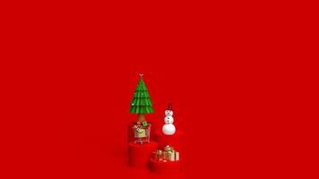 l'arbre de noël et le bonhomme de neige sur la tonalité de couleur rouge pour le rendu 3d de concept de vacances ou d'affaires photo