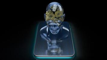 la tête humaine en cristal et en or à l'intérieur sur une tablette pour l'apprentissage automatique ou le rendu 3d du contenu ai photo