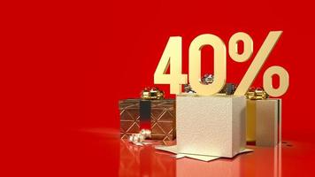 le pourcentage d'or et les coffrets cadeaux sur fond rouge pour la promotion de la vente contenu commercial rendu 3d photo