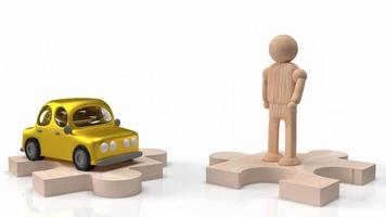 la figure en bois de l'homme et le jouet de voiture sur le puzzle pour le rendu 3d de contenu de voiture ou de transport photo