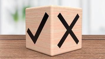 le bon et le mauvais symbole sur le rendu 3d du cube en bois photo