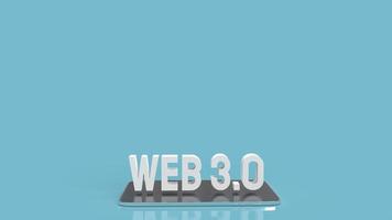 le texte blanc du web 3.0 sur une tablette sur fond bleu pour le rendu 3d du concept technologique photo