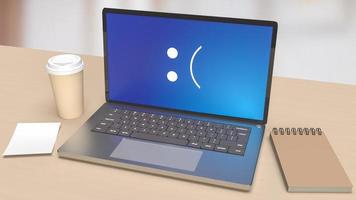 l'ordinateur portable sur une table en bois montrant un rendu 3d d'erreur d'écran bleu photo