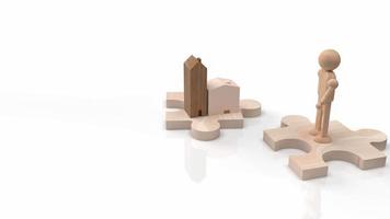 la figure en bois de l'homme et le bois de la maison sur le puzzle pour le rendu 3d de contenu de voiture ou de transport photo
