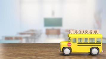 le bus scolaire sur table en bois pour le rendu 3d du concept de retour à l'école photo