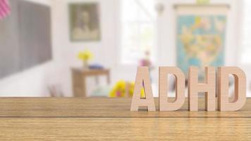 texte en bois adhd sur table dans la salle de classe pour le rendu 3d du concept médical ou éducatif photo