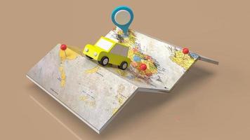 le taxi et le point de contrôle sur la carte pour le rendu 3d du concept de voyage ou d'application photo