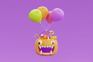 joyeux halloween avec panier de citrouille jack-o-lantern plein de bonbons colorés et ballon flottant sur fond violet, rendu 3d. photo