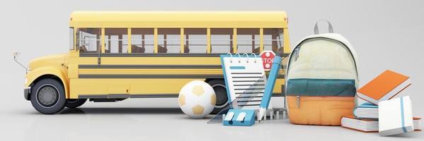 retour à l'école avec des fournitures et du matériel scolaires. autobus scolaire avec accessoires scolaires et livres sur dessin animé réaliste de fond de couleur pastel orange et bleu. rendu 3d, écran large photo