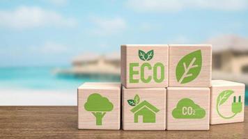 l'icône de l'écologie sur le cube en bois pour le rendu 3d du concept écologique ou naturel photo