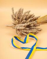 crise mondiale des céréales, bouquet de blé enveloppé dans un ruban jaune-bleu symbolisant l'ukraine photo