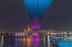 pont de bhumibol, pont de la rivière chao phraya. allumez les lumières de plusieurs couleurs la nuit. photo