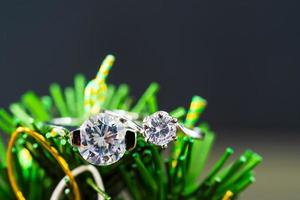 anneaux de mariage en diamant sur des feuilles vertes photo