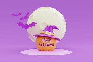 joyeux halloween avec un personnage de citrouille jack-o-lantern portant un chapeau de sorcière et une chauve-souris sous la lune sur fond violet, rendu 3d. photo