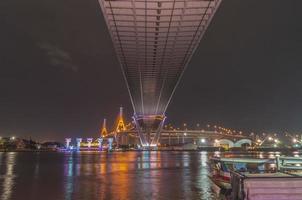 pont de bhumibol, pont de la rivière chao phraya. allumez les lumières de plusieurs couleurs la nuit. photo